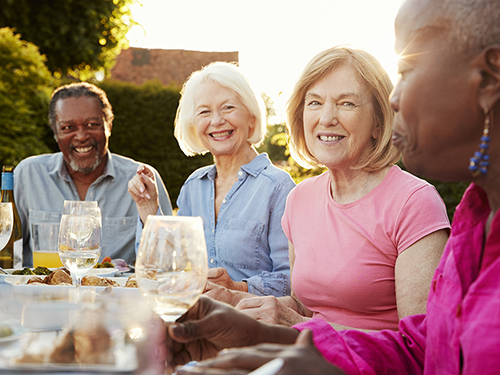 Group of friends and neighbors having a summer dinner party outdoors.>